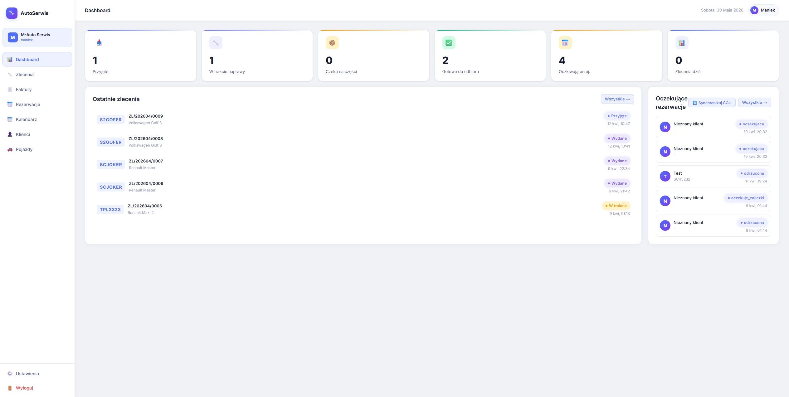 Auto-serwis CRM — Dashboard